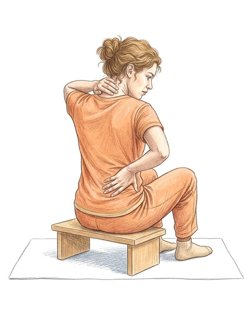 Illustration : une femme assise de dos, une main sur la nuque et l’autre sur le bas du dos