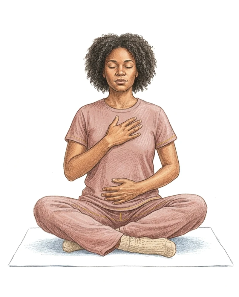 Illustration : une femme assise en tailleur, les yeux fermés, une main sur le cœur et l’autre sur le ventre