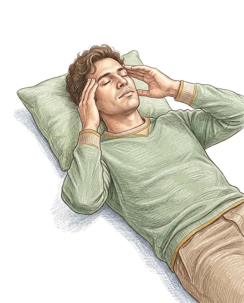 Illustration : un homme allongé, les yeux fermés, le bout des doigts sur les tempes