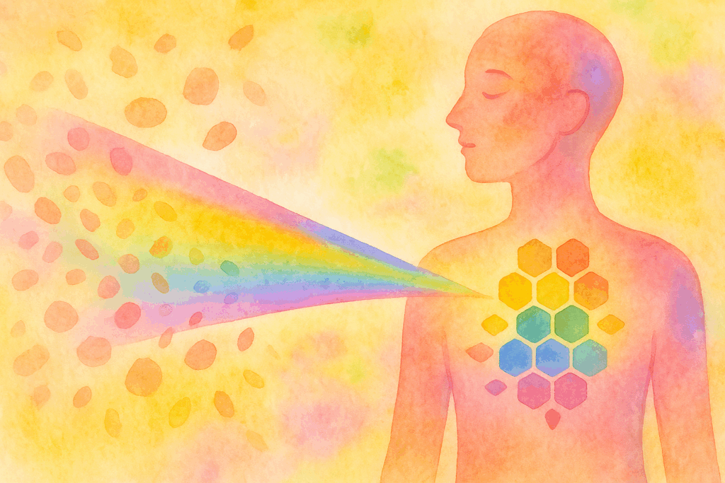 Illustration aquarelle d’un faisceau lumineux traversant le corps. C'est une métaphore poétique de la chromatothérapie, qui informe le vivant plutôt qu’elle ne le force.