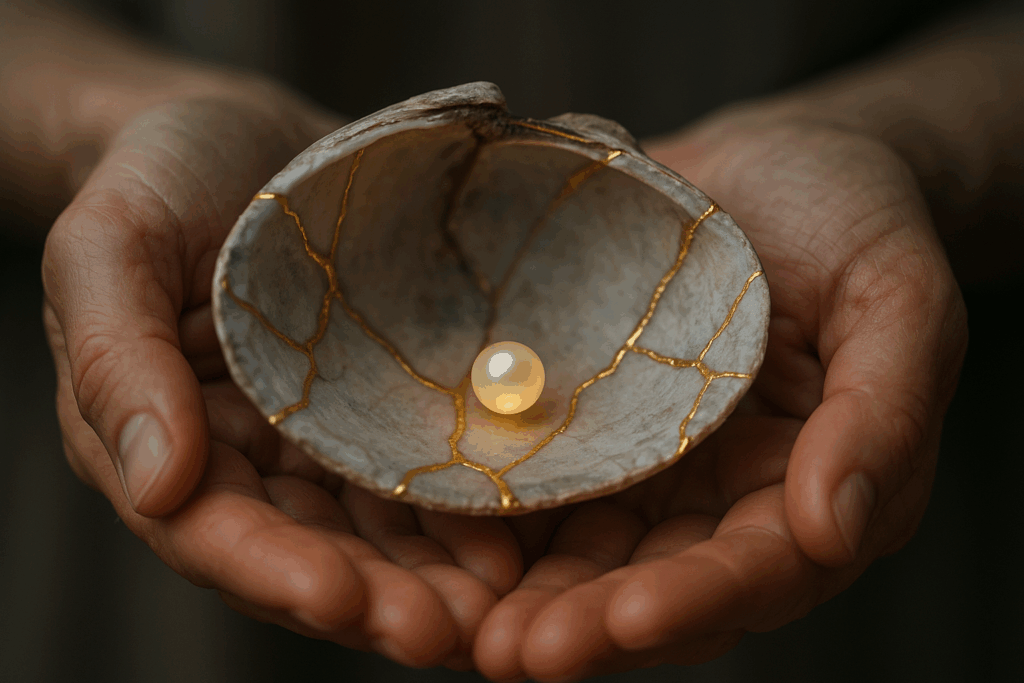 Coquillage ancien restauré avec des lignes d’or selon la technique du kintsugi, contenant une perle lumineuse, tenu dans des mains humaines. Symbolise le travail de somatothérapie